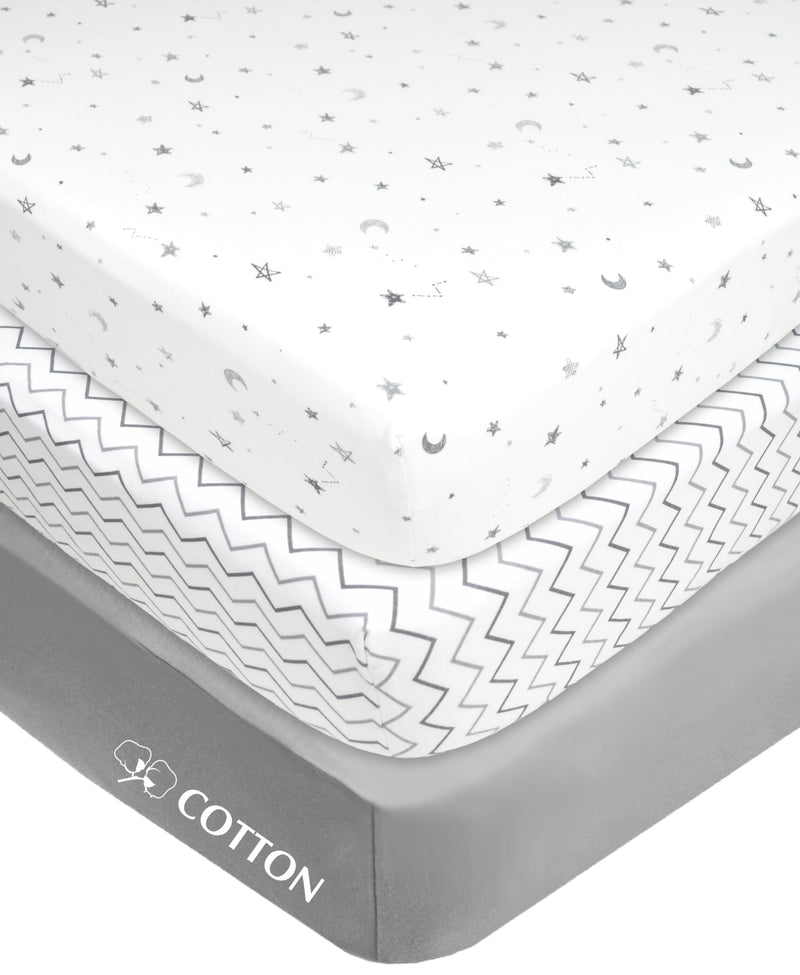 [Australia] - American Baby Company 3 Pack Fitted Mini Crib Sheet 24" x 38", Soft Breathable Neutral 100% Cotton Jersey Portable Sheet, Gray Star/Zigzag, for Boys and Girls, Fits Most Pack N Play Mattresses Grey Star/Zigzag 