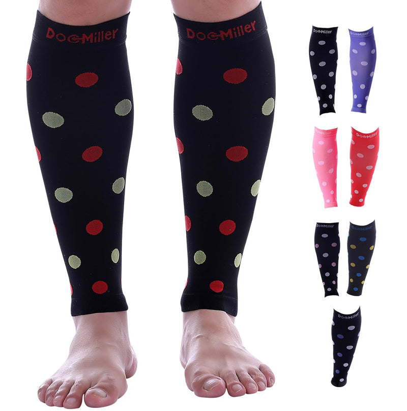 [Australia] - Doc Miller Calf Compression Sleeve – Footless Socks for Women & Men, 20-30mmHg, Shin Splint & Leg Cramp Support, Varicose Veins, Knee High, 1 Pair, Polka Dot Black/RedGreen XX-Large 