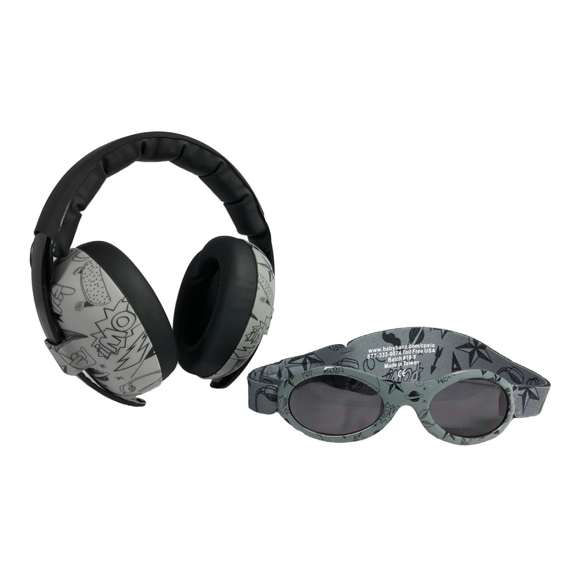[Australia] - BANZ Baby Earmuffs & Sunglasses 0-36 Months - Noise Cancelling & UV Protection ages 0-2+ years Doodle Grey 
