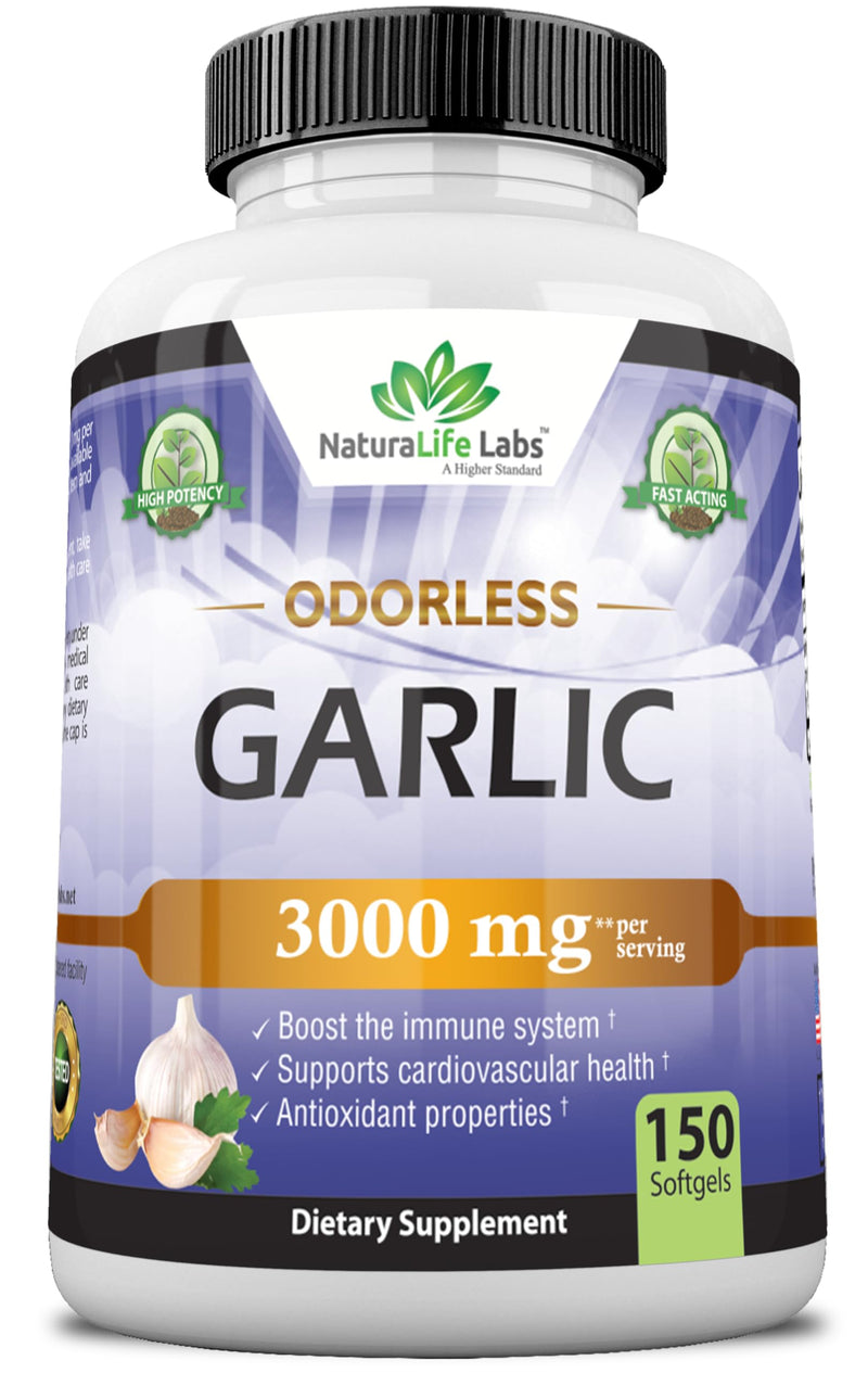 [Australia] - Odorless Pure Garlic 3000 mg per Serving Maximum Strength 150 Soft gels Promotes Healthy Cholesterol Levels Immune System Support 