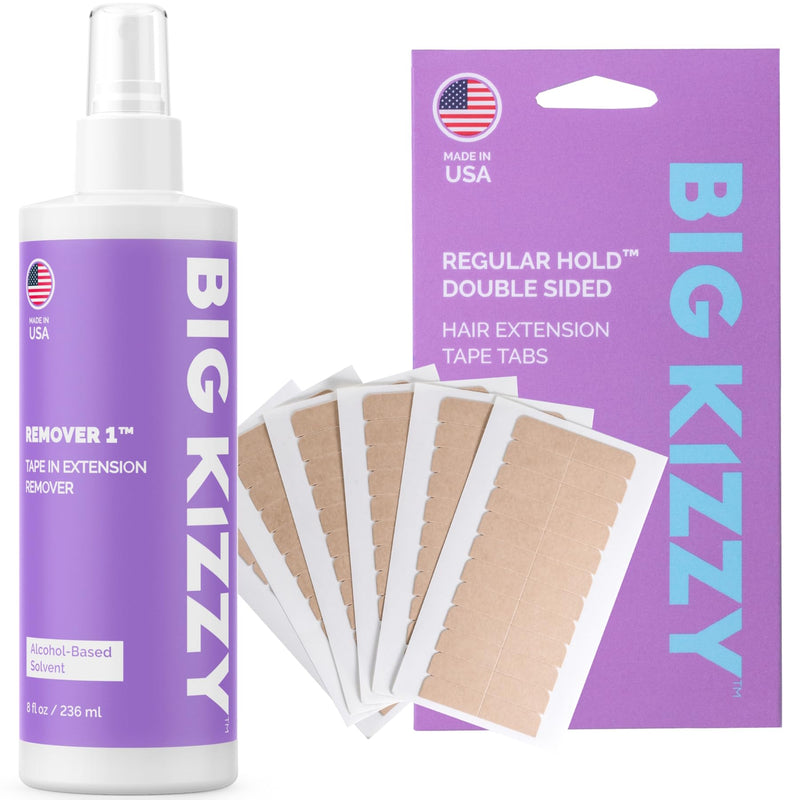 [Australia] - 8oz Tape Ins Hair Extension Remover Spray + 72 tabs Double Sided REGULAR Hold Hair Extension Replacement Tape by Big Kizzy, Professional Quality and Easy to use instructions 
