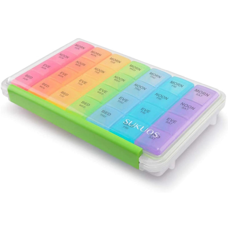 Sukuos Large Weekly Pill Organizer 7 Day (4 Times a Day), Moisture-Resistant Daily Pill Box Medicine Cases for Vitamin/Fish Oil/Supplements - Rainbow Colors Rainbow (1 Pack)