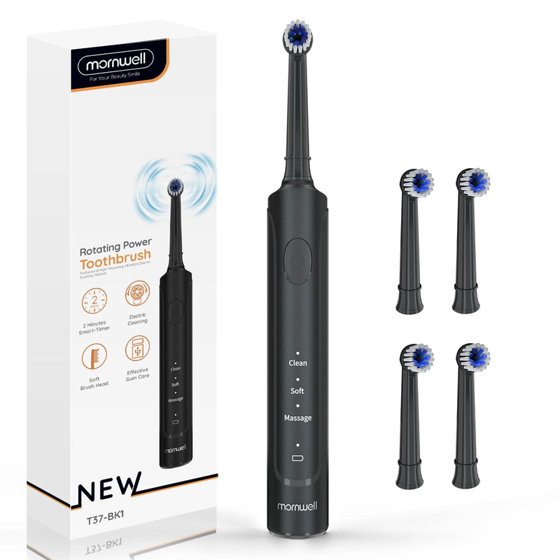 mornwell Electric Toothbrush USB Fast Charging 3 Modes Rotary Toothbrushes Rechargeable Spin Toothbrushes with 4 Round Brush Heads for Adults & Kids (Over 8 Years Old) Rotating Toothbrush