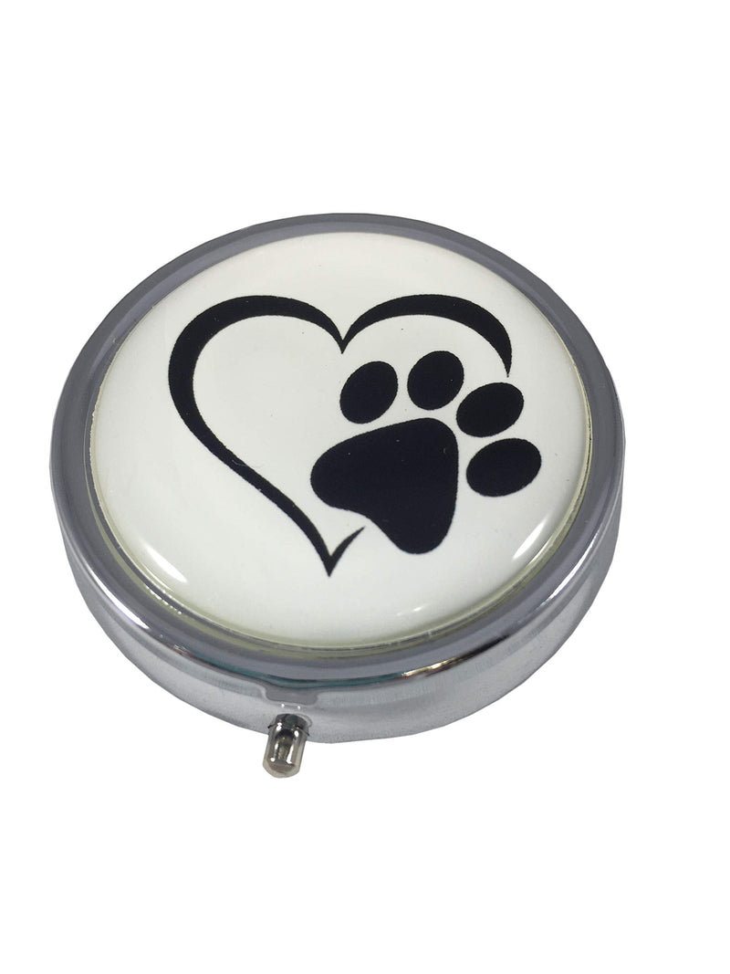 Heart with Paw Print Silver Pill Box – Round 3-Compartment Metal Pill Organizer, Compact 2-Inch Travel Pill Case for Purse or Pocket