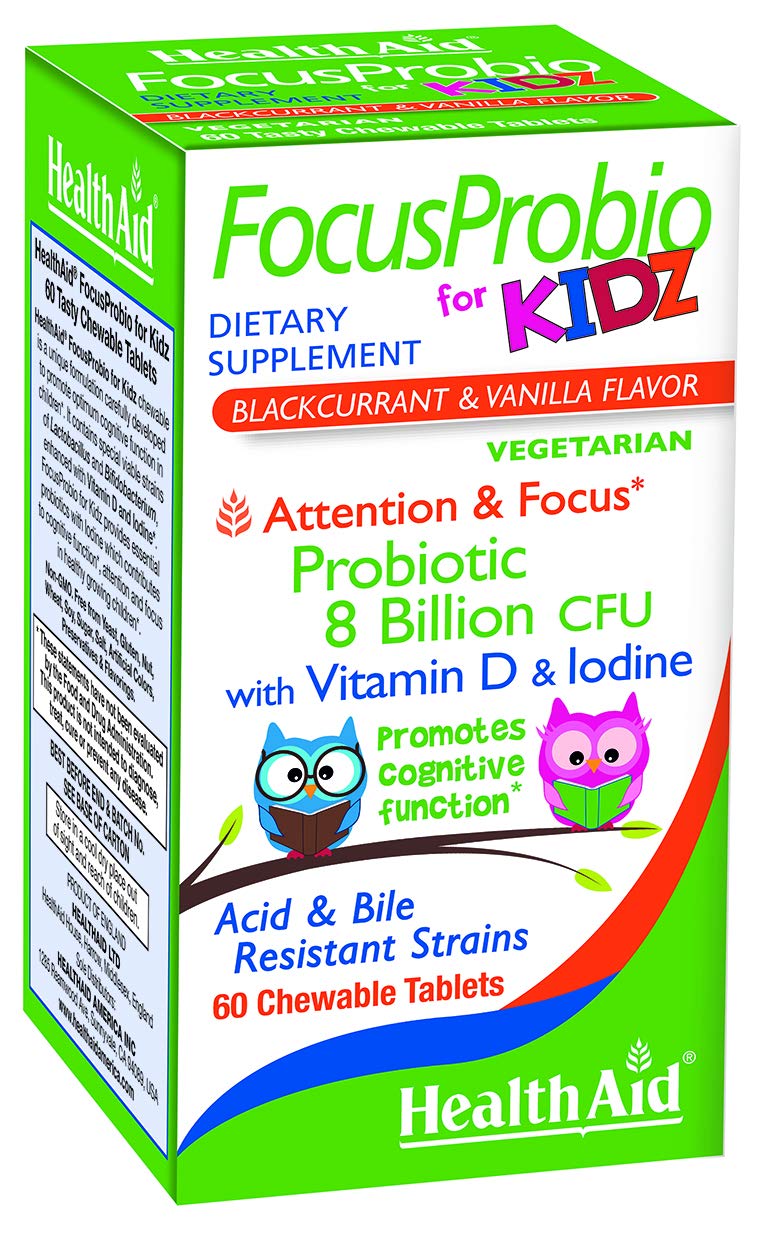 HealthAid FocusProbio Kidz – 8 Billion CFU Probiotic for Kids – Supports Brain & Gut Health with Vitamin D & Iodine – Chewable Tablets, Blackcurrant & Vanilla – Acid & Bile Resistant, Vegetarian*