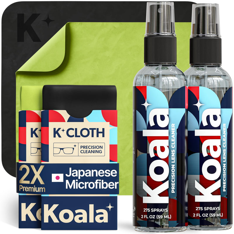 [Australia] - Koala Eyeglass Lens Cleaner Spray Kit | (2x) Glasses Cleaner Bottle + (2x) Microfiber Cloth | Alcohol Free Eyeglasses, Screen, and Camera Cleaning Kit | Made in USA (4 Piece Set) Black / Green 4 Piece Set 