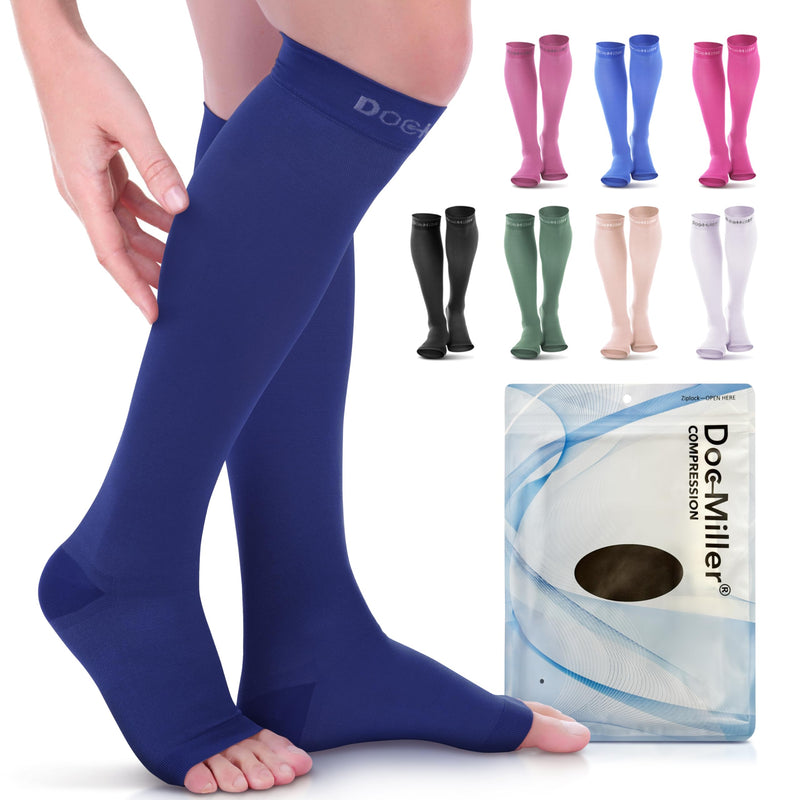 [Australia] - Doc Miller Open Toe Compression Socks, 20-30 mmHg, Toeless Compression Sleeves for Legs, Knee High Stockings for Shin Splints, Varicose Veins, Travel, Calf Support & Muscle Recovery, Men & Women, Pair Large Tall Dark Blue 