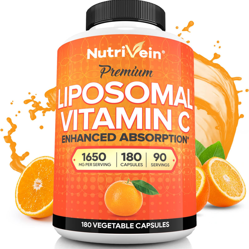Nutrivein Liposomal Vitamin C Supplement 1650 mg - 180 Capsules, High Dose | High-absorption liposomal delivery for men and women. Supports whole-body defenses, skin, and overall well-being. Non-GMO.