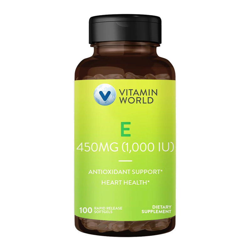 Vitamin World Vitamin E 1000 IU Softgels, 100 Servings | 450mg dl-Alpha, 1 Softgel Daily, Supports Antioxidant Protection and Heart, Immune & Skin Health, Gluten-Free