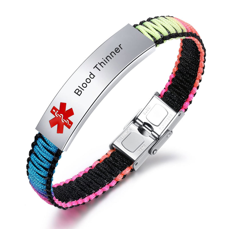 [Australia] - Medical Alert Bracelet for Women | T1D T2D Diabetes Epilepsy Medical Alert ID Emergency Bracelet for Girls & Boys | Handmade Nylon Rope Braided Bracelets, Adjustable Black+Rainbow A_Blood Thinner 