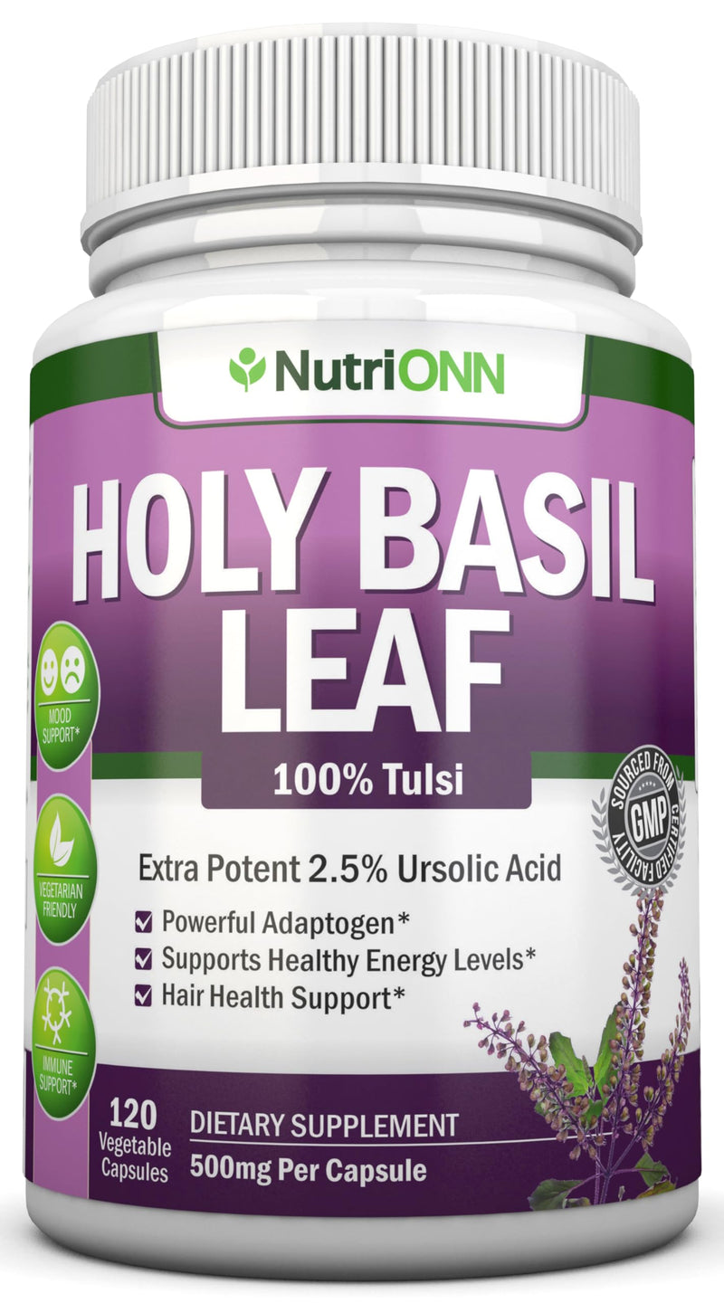 [Australia] - Holy Basil Leaf Capsules - 500mg - 2.5% Ursolic Acid - 120 Vegan Capsules - Real Tulsi Extract Supplement - Positive Mindset - Adaptogenic & Ayurvedic Herb 