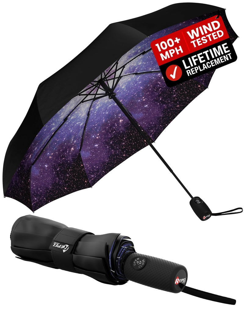 Windproof Travel Umbrella - Compact & Withstands Winds up to 100MPH, Strongest Premium Auto Folding Umbrella for Rain and Sun - Durable, Light & Portable for Women & Men, Fits Backpack & Cars Starry Night Standard