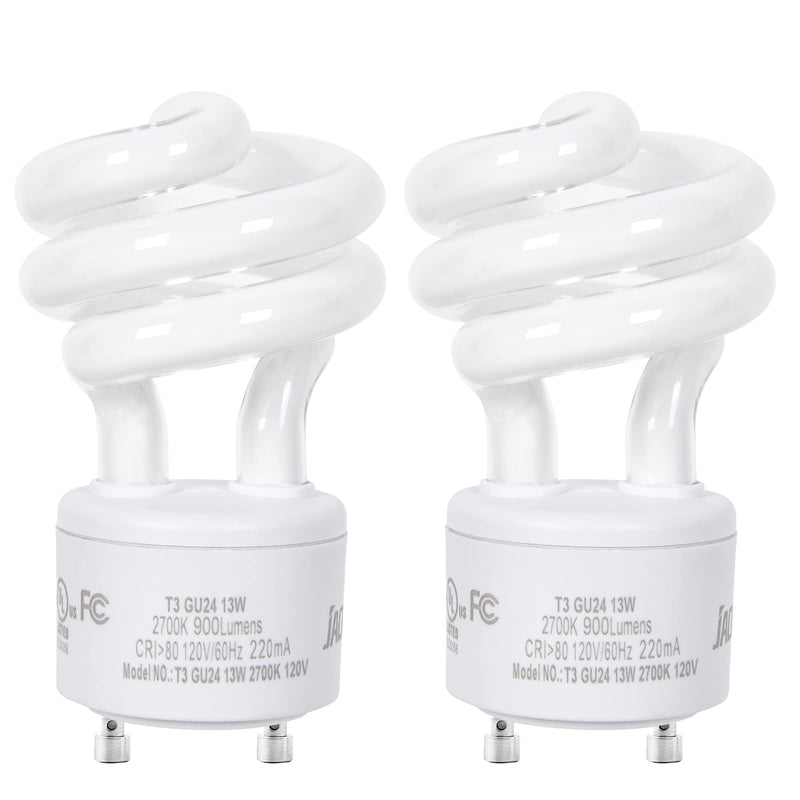 [Australia] - JACKYLED UL-Listed GU24 CFL Light Bulbs, T3 13W 2700K Warm White GU24 Base Compact Flourescent Bulbs, Energy Efficient 900lm Spiral Bulb, 2-Pack 2 Count (Pack of 1) 