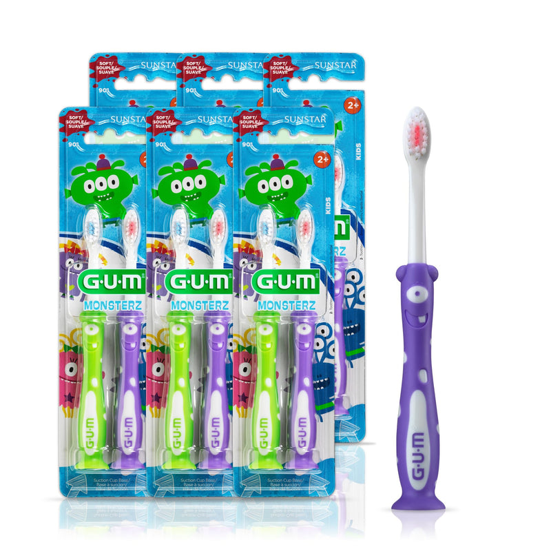 [Australia] - GUM Monsterz Children and Toddler Toothbrush, Soft Bristled Kids’ Toothbrush with Suction Cup, for Ages 2+, 2 Count(Pack of 6) Ages 2+ 2 Count (pack of 6) 