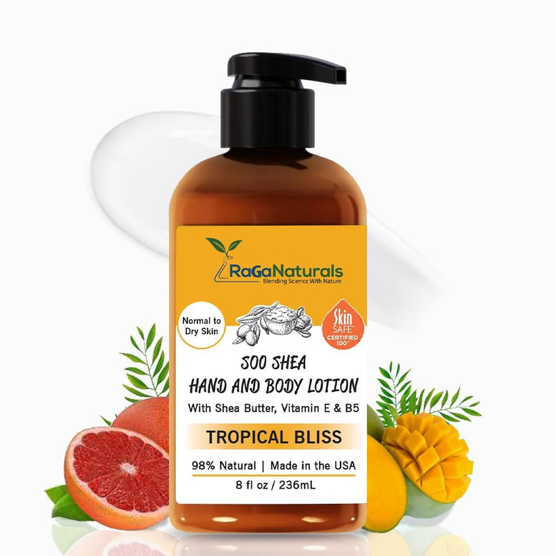 RaGaNaturals Shea Butter Lotion - for Extremely Dry Skin - Hand & Body Lotion - Hydrating Natural Non-Toxic Formula, Avocado Oil & Vitamin E - Women, Men, Kids & Baby - (Tropical Mango Scent) 8 Oz Tropical Bliss 8 Fl Oz (Pack of 1)