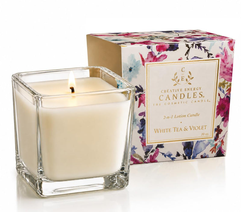Lotion Candle - White Tea & Violet Scented Massage Candles for Self Care, 10 Oz. Soy Wax Candle with Essential Oil Blends, Coconut Oil, and Vitamin E, 55 Hour Burn Time Large