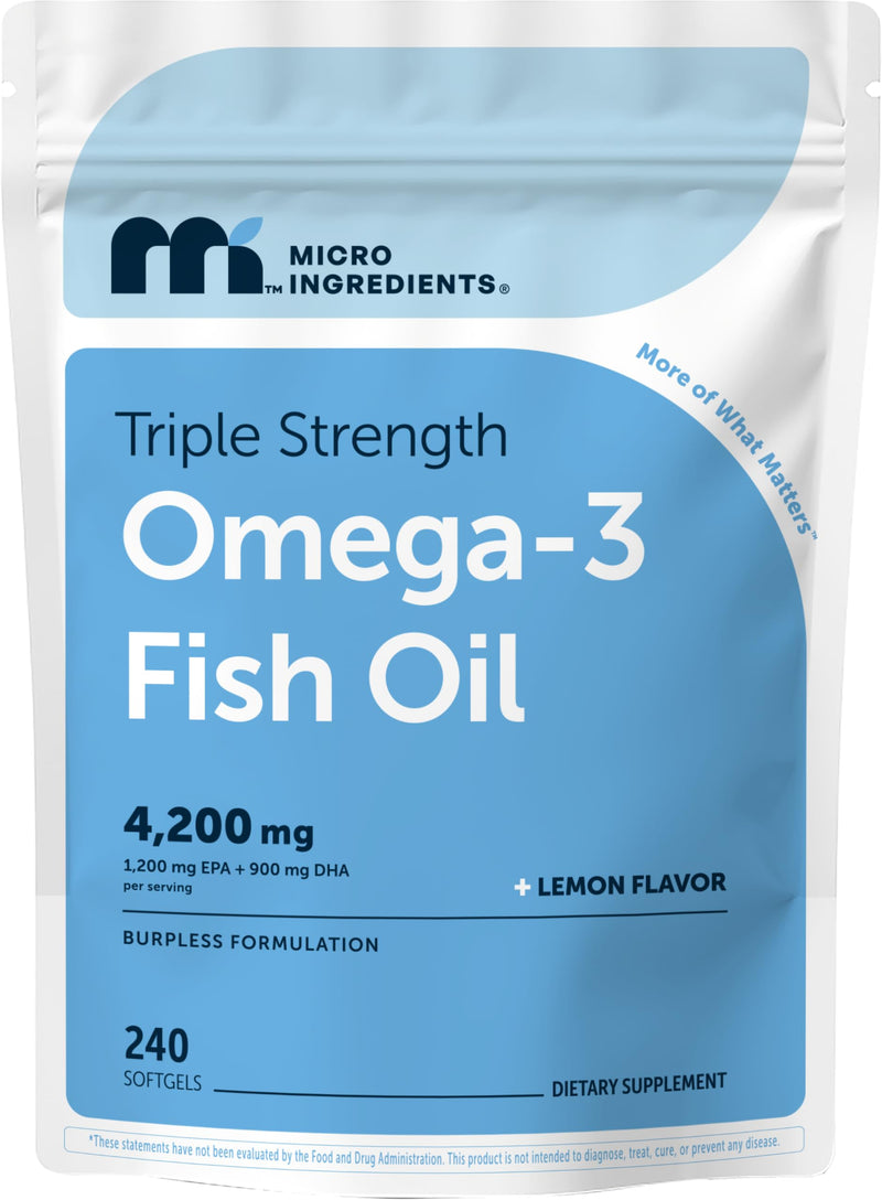 Micro Ingredients Triple Strength Omega-3 Fish Oil 4,200 mg Per Serving | EPA 1200mg + DHA 900mg Per Serving. Wild Caught Fish Source. 240 Softgels, Lemon Flavored, Burpless, No Fishy Aftertaste 240 Count (Pack of 1)