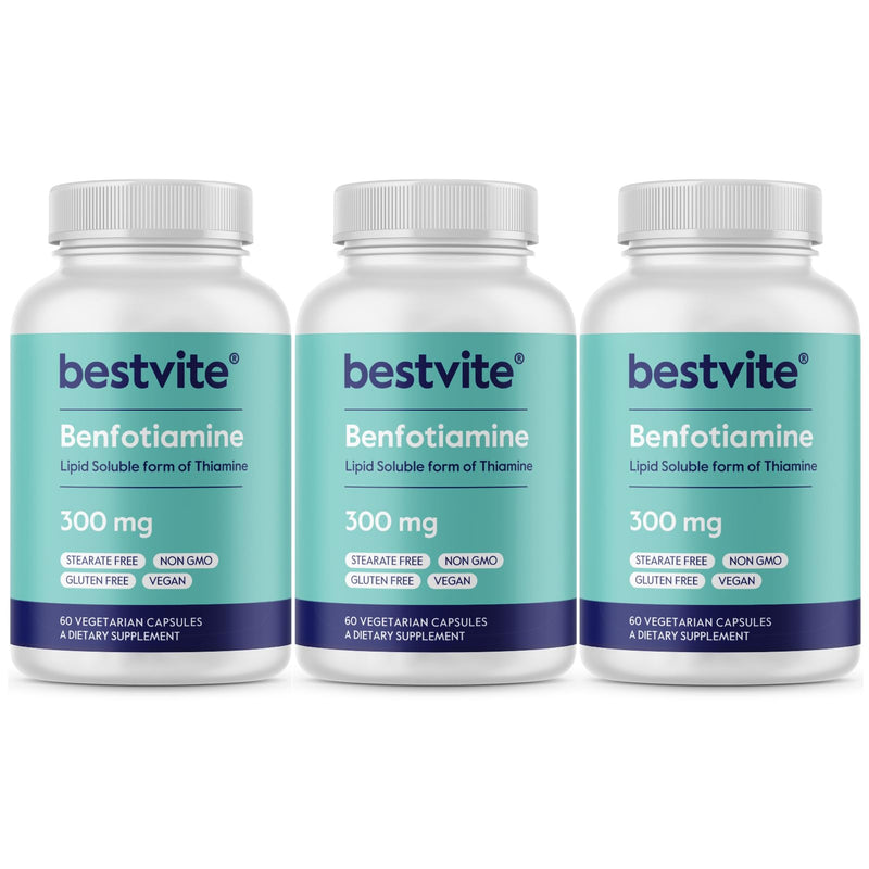 BESTVITE Benfotiamine 300mg (180 Veg Caps) (60x3) - No Stearates - Vegan | No Silicon Dioxide - Non GMO - Gluten Free - Fat Soluble Vitamin B1 - Vitamin B1 Thiamine Supplement 60 Count (Pack of 3)