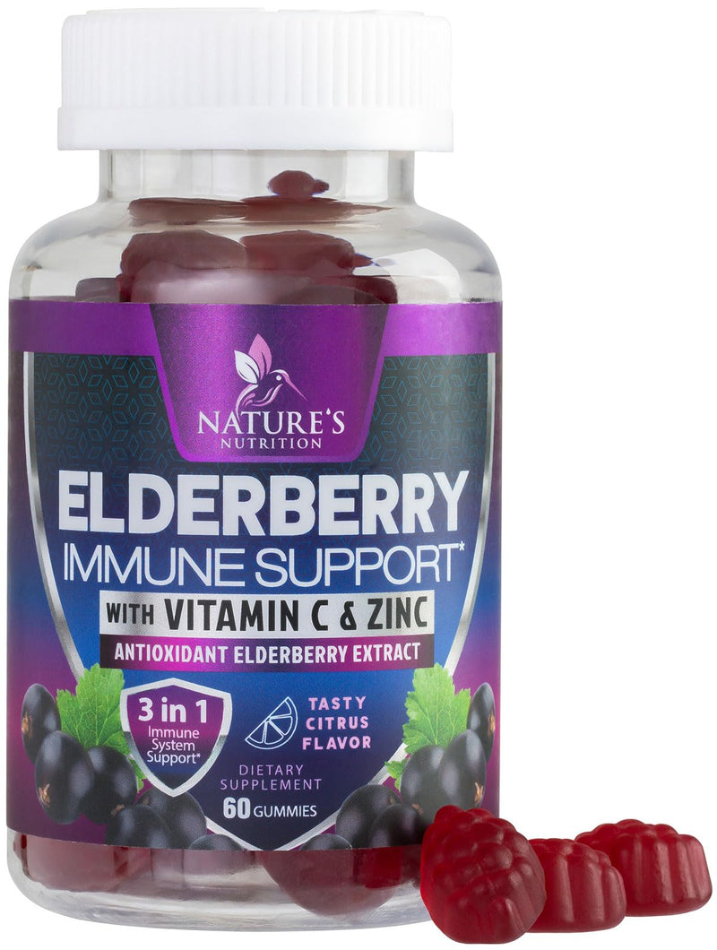 Elderberry Immune Support Gummies - 3X Strength Sambucus Elderberry Gummy with Vitamin C, D3 & Zinc - Nature’s Black Elderberry Extract - Immune Support Supplement for Adults & Kids - 60 Gummies 60 Count (Pack of 1)