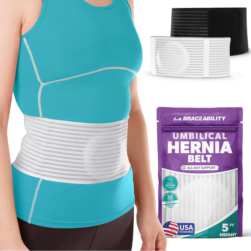 [Australia] - BraceAbility Umbilical Hernia Belt - Abdominal Binder Truss with Compression Pad for Belly Button, Navel, Ventral, Epigastric, Hiatal Hernia Relief, Surgery Brace for Men or Women (L/XL 5" White) Large/X-Large 5” 
