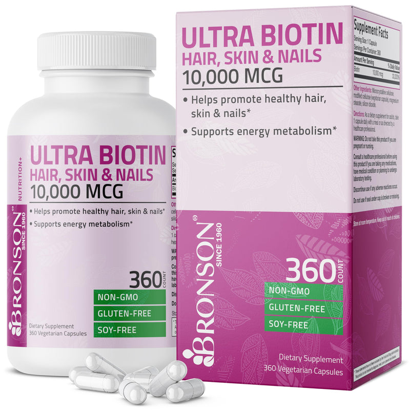 Bronson Ultra Biotin 10,000 mcg Hair, Skin & Nails, 120 Vegetarian Capsules | Once-Daily, Energy Metabolism Support, Non-GMO, Gluten-Free & Soy-Free 360 Count (Pack of 1)