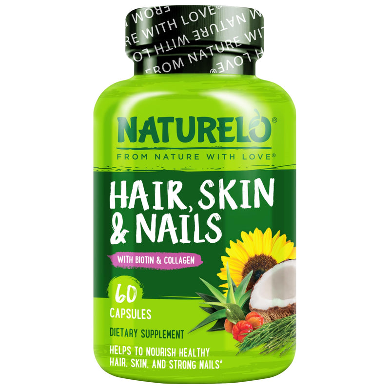 NATURELO Hair, Skin and Nails Vitamins - Biotin, Collagen - 60 Capsules | 5000 mcg, natural vitamin E, healthy skin, hair growth supplement for women and men Unflavored 60 Count (Pack of 1)