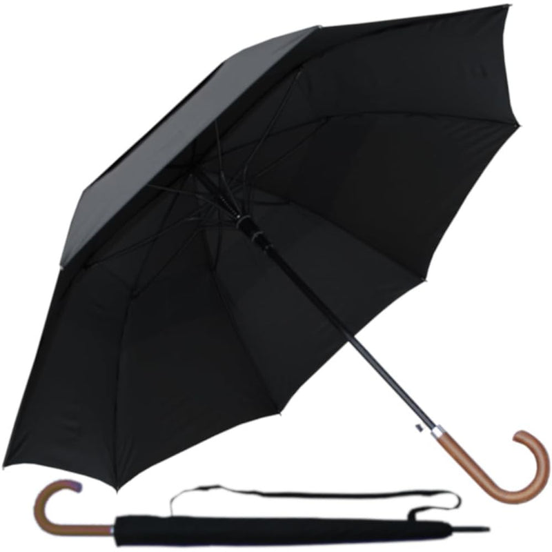 Extra Strong - Windproof Large Heavy Duty Umbrella for Rain and Wind Strong | Vented Double Canopy - Auto - Solid Wood Hook Handle - Golf - Black
