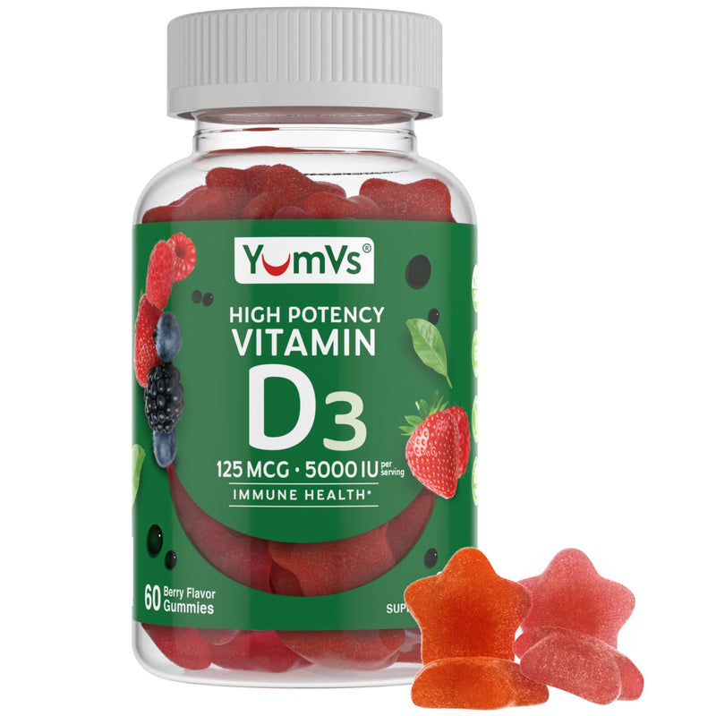 YUM-V'S Vitamin D3 Gummies 5000 IU 125mcg D3 Gummies - Support Immune Support, Strong Bone Health - Non-GMO, Gluten-Free, Dairy-Free, Vitamin D Gummy (60 Count) 60 Count (Pack of 1)