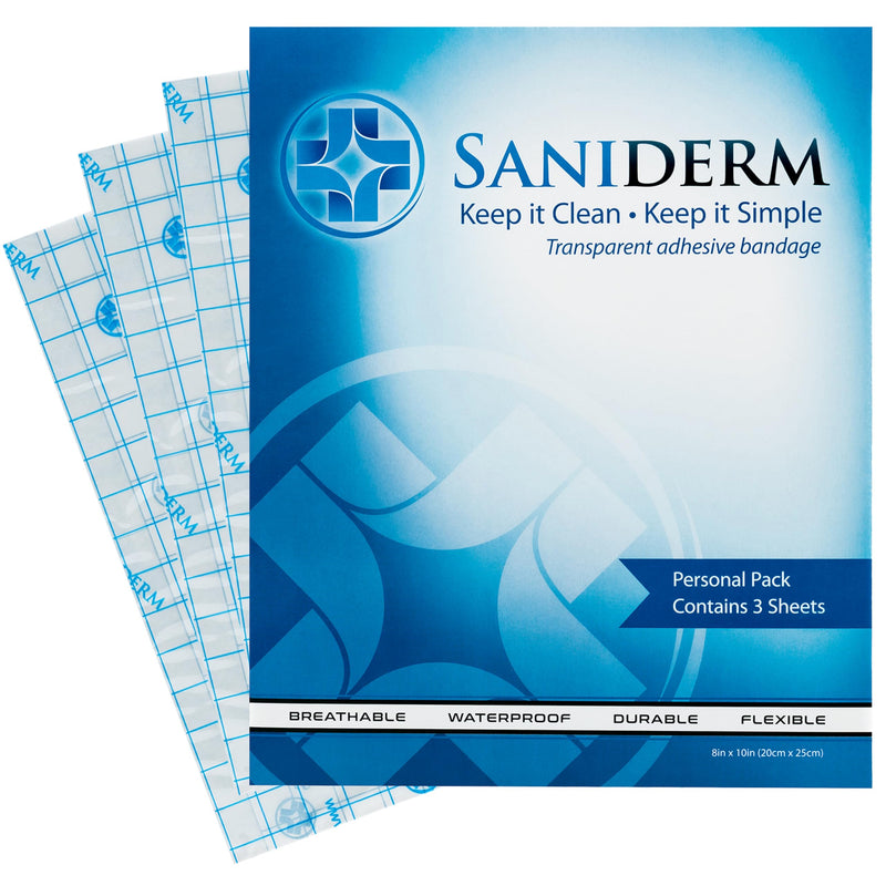 [Australia] - Saniderm Tattoo Aftercare Bandage 3 Sheets (Large Pack, 8 in x 10 in) – Convenient, Faster Tattoo Healing and Protection – Sterile, Waterproof, and Latex-Free 8x10 Inch (Pack of 3) 