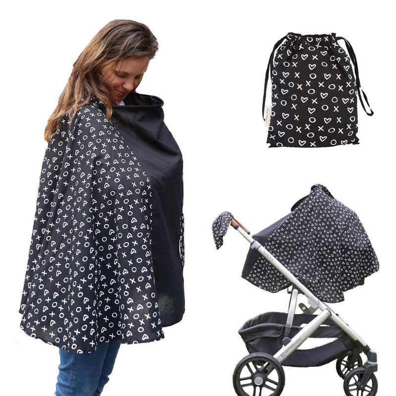 [Australia] - Milky Chic Nursing and Breastfeeding Poncho - Patent Pending 360 Full Coverage Wired Nursing Cover and Apron - Breathable, Soft Cotton - Carseat, Stroller Canopy - Multifunctional Baby Shower Gifts Blackandwhite 