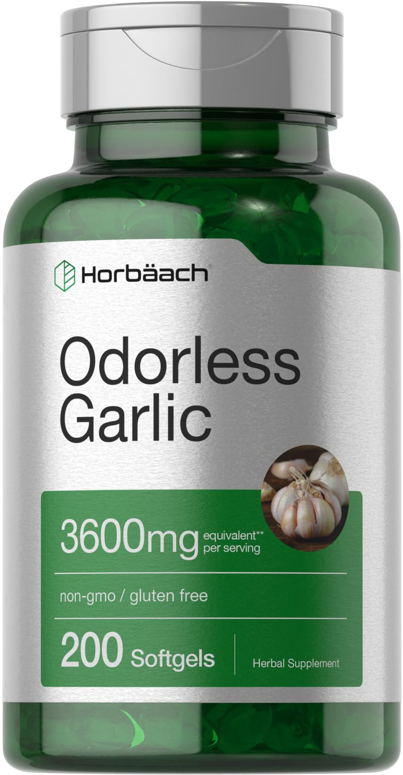[Australia] - Horbäach Odorless Garlic Softgels | 200 Count | Ultra Potent Garlic Extract | Non-GMO & Gluten Free Pills 