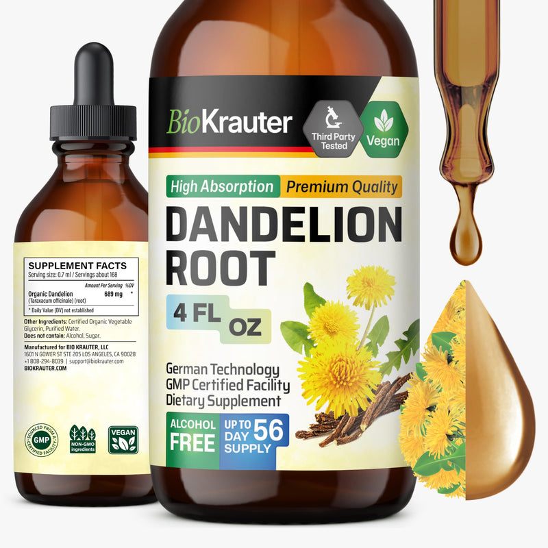 BIO KRAUTER® Dandelion Root Extract - Liquid Pure Vegan Dandelion Root Supplement 689 mg per Serving 4 Fl.Oz 56-Day Supply - Used for Liver & Kidney Support, Cleanse & Detox - Alcohol & Sugar Free 4 Fl Oz (Pack of 1)