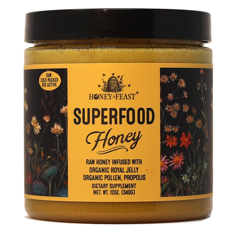 [Australia] - HONEY FEAST Flower Powered Raw Superfood Honey with Royal Jelly, Bee Pollen, Bee Propolis (12 Ounces) Cold packed and hand poured in Florida, USA 