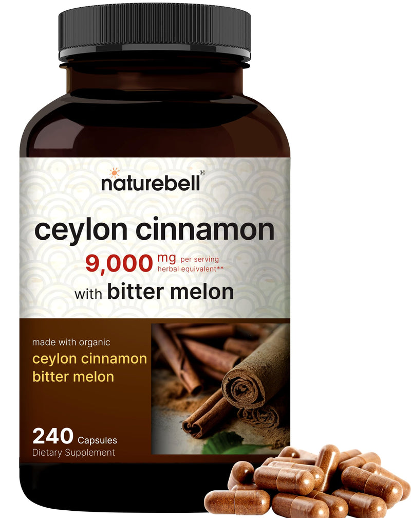 [Australia] - NatureBell Ceylon Cinnamon 9,000mg Per Serving, 240 Capsules | Made with Organic Sri Lanka Ceylon Cinnamon and Organic Bitter Melon, 2 in 1 Support – Non-GMO, No Gluten 