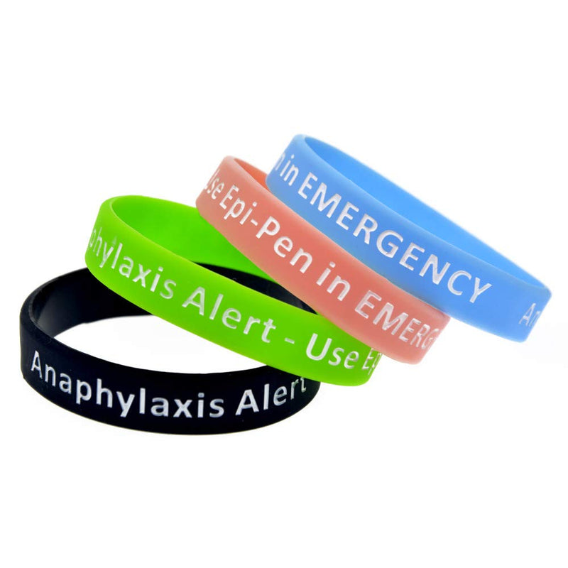 [Australia] - Lyndong 4 Pack Anaphylaxis Alert Bracelet Use Epi-Pen in Emergency Silicone Medical Alert Awareness Identification Wristbands for Man Women Black, Pink, Green, Blue 
