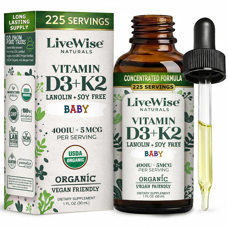 Live Wise Naturals Organic Vitamin D3 K2 Liquid Drops for Babies, (MK-7) | Concentrated Formulation, 225 Servings, Micro-Dose Dropper, Gentle Daily Supplementation, Early Development, Precise Dosing Baby D3+K2 Vegan