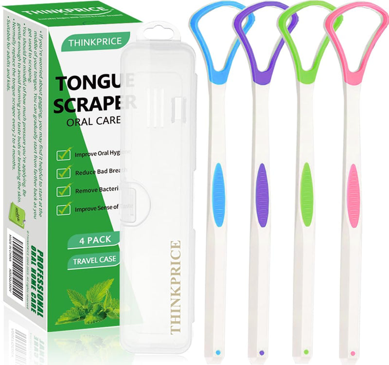 [Australia] - Tongue Scraper Cleaner 100% BPA Free Tongue Scrapers with Travel Handy Case for Adults, Kids, Healthy Oral Care, Easy to Use, Help Fight Bad Breath (4 PACK) 4 Count (Pack of 1) 4Color 