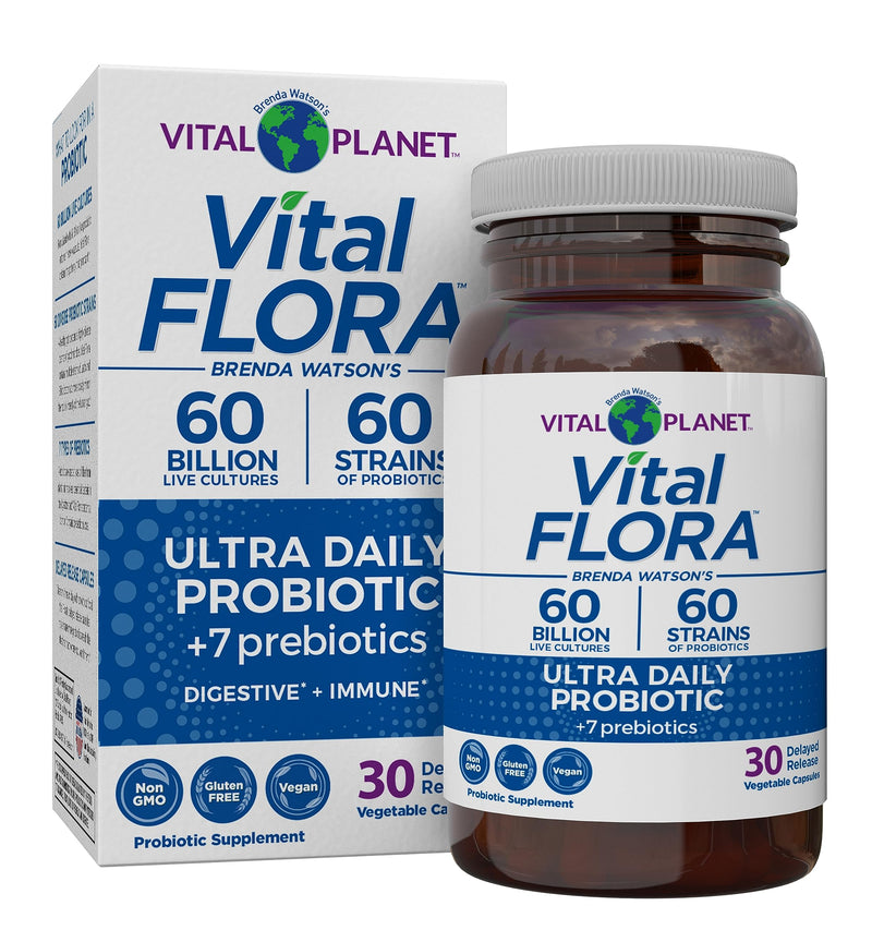 Vital Planet - Vital Flora Ultra Daily Probiotic 60 Billion CFU, Diverse Strains, Organic Prebiotics, Immune Support, Bloating Relief, Digestive Health Probiotics for Women and Men 30 Capsules 1 Count (Pack of 30)