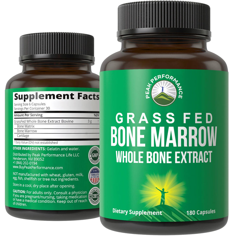 [Australia] - Peak Performance Grass Fed Bone Marrow - Whole Bone Extract Supplement 180 Capsules Superfood Pills Rich in Collagen, Vitamins, and Amino Acids. from Bone Matrix, Marrow, Cartilage. Ancestral Tablets 