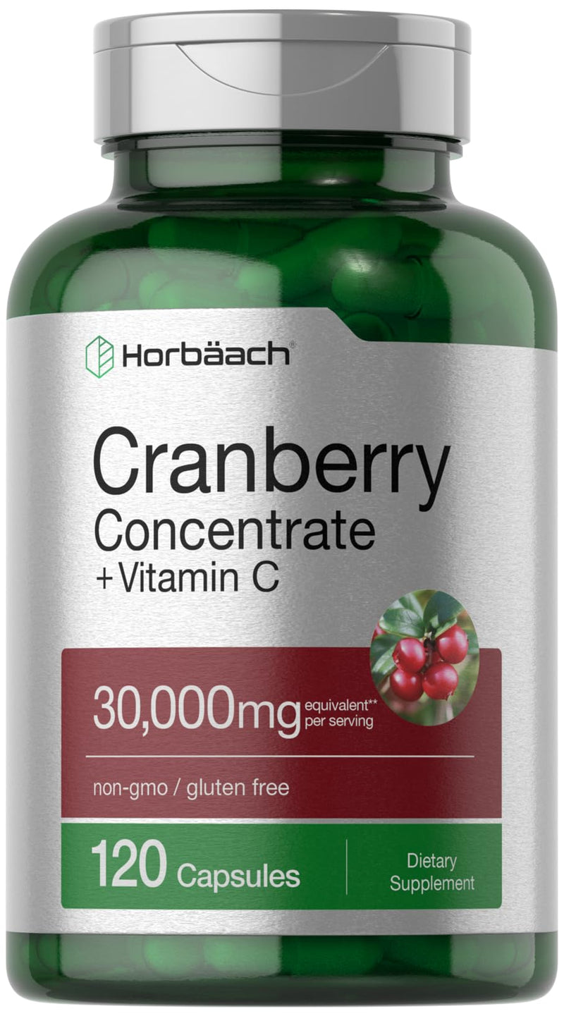 [Australia] - Horbäach Cranberry Concentrate Extract Pills + Vitamin C | 30,000mg | 120 Capsules | Triple Strength Ultimate Potency Formula | Non-GMO and Gluten Free Supplement 