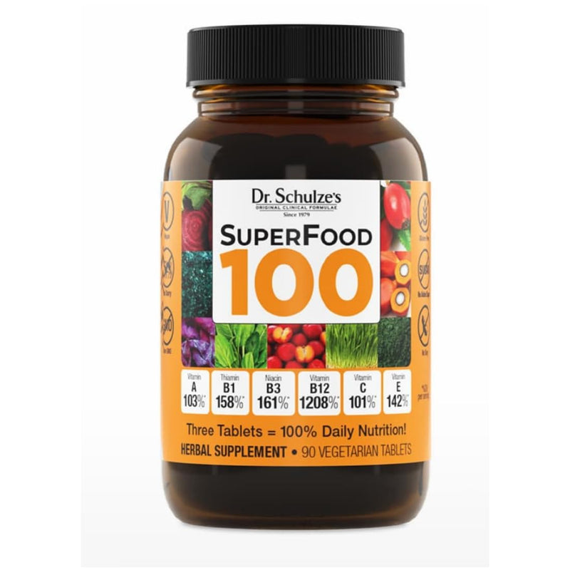 Dr. Schulze's SuperFood 100 - Everyday Superfood Supplement to Support Overall Wellness - Mutivitamin Support for Cellular Nutrition & Energy - Clean Ingredients - Gluten-Free & Dairy-Free - 90 Count Tablet 90 Count (Pack of 1)
