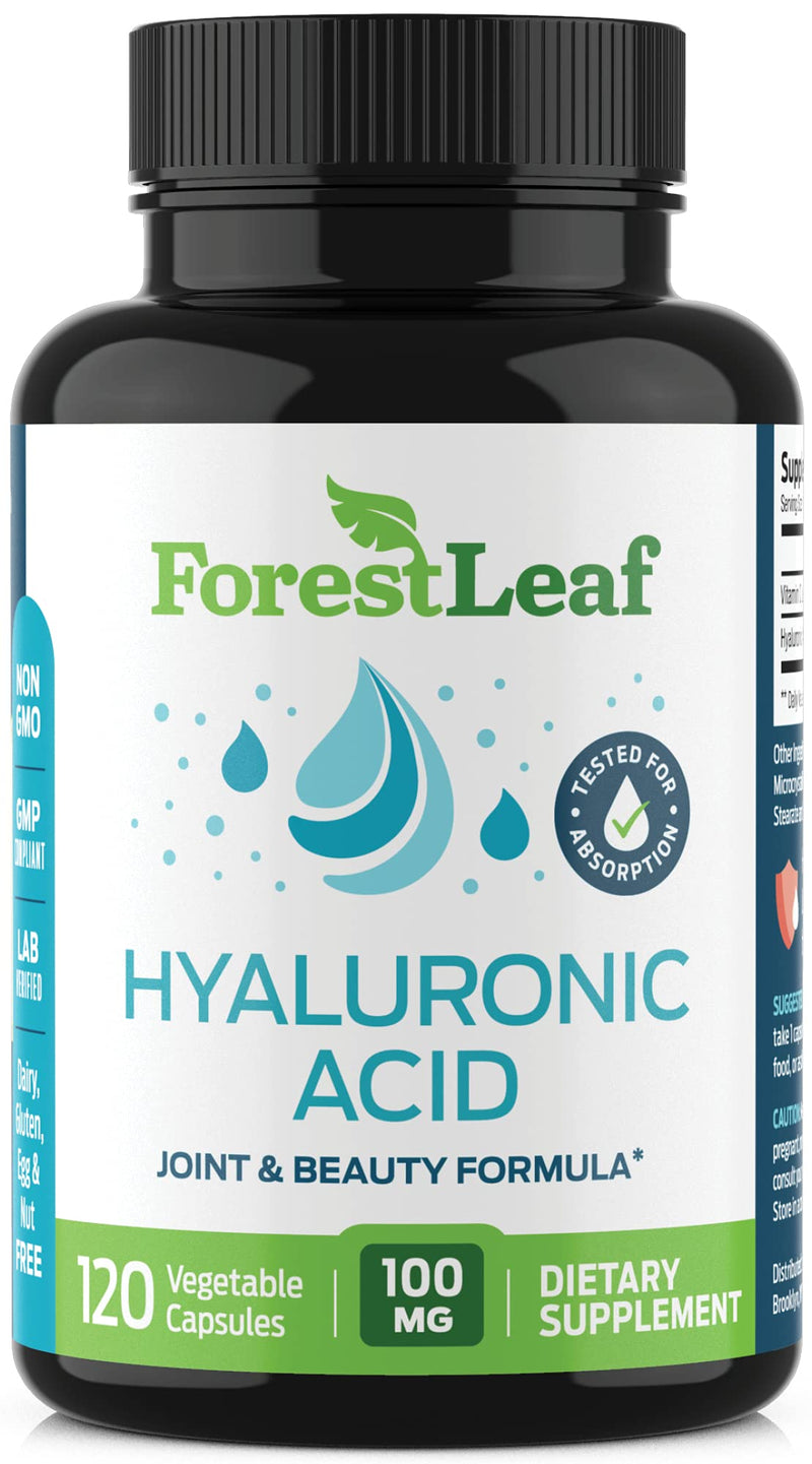 [Australia] - ForestLeaf - Hyaluronic Acid Supplements - 120 Vegetable Capsules - 100mg Dietary Hyaluronic Acid + 50mg Vitamin C Joint & Anti Aging Beauty Formula - Supports Skin Hydration, Joints, Bones & Hair 
