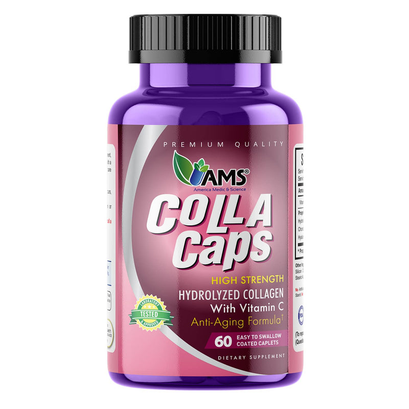 America Medic & Science Colla Caps (60 Caplets) | Collagen and Hyaluronic Acid Supplement with Vitamin C | for Men and Women | Repairs and Restores Skin Elasticity | Promotes Healthy Hair Growth 60 Count (Pack of 1)