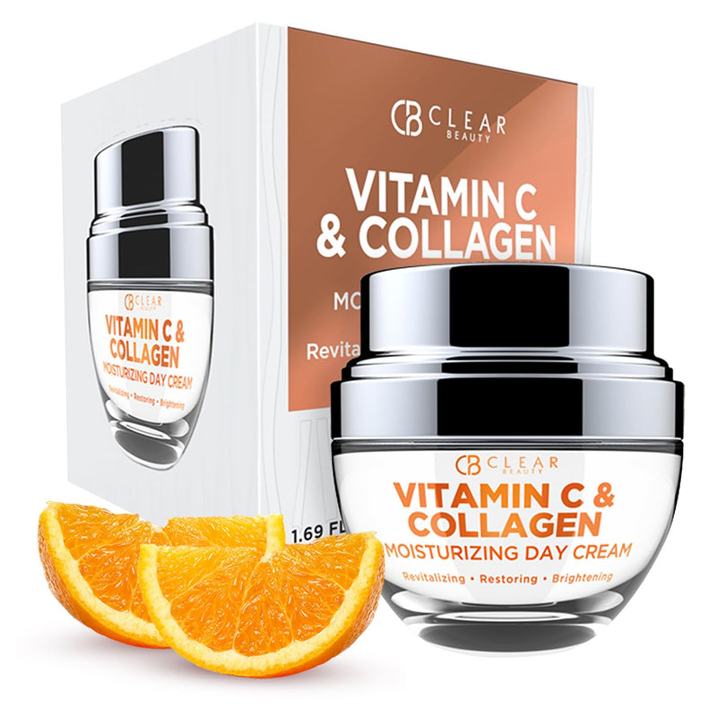 Clear Beauty Vitamin C & Collagen Face Moisturizer – Anti Aging Day Cream, Hydrates, Firms & Revives Dull, Tired Skin – Dermatologist Tested, Korean Skin Care, Vegan Clean Beauty – 1.69 Fl Oz Vitamin C and Collagen