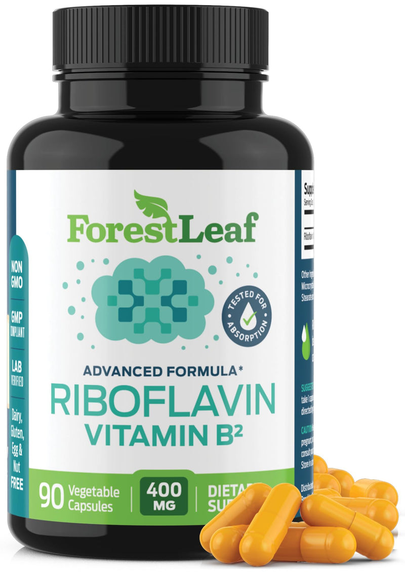 [Australia] - ForestLeaf Vitamin B2 Riboflavin 400mg - Energy, Skin & Cellular Health Supplement - Nervous System Support - Vitamin B 2 VIT B - Non-GMO & Gluten Free - B2 Vitamin 400mg Vegetable Capsules, 90 Count 90 Count (Pack of 1) - Unflavored 