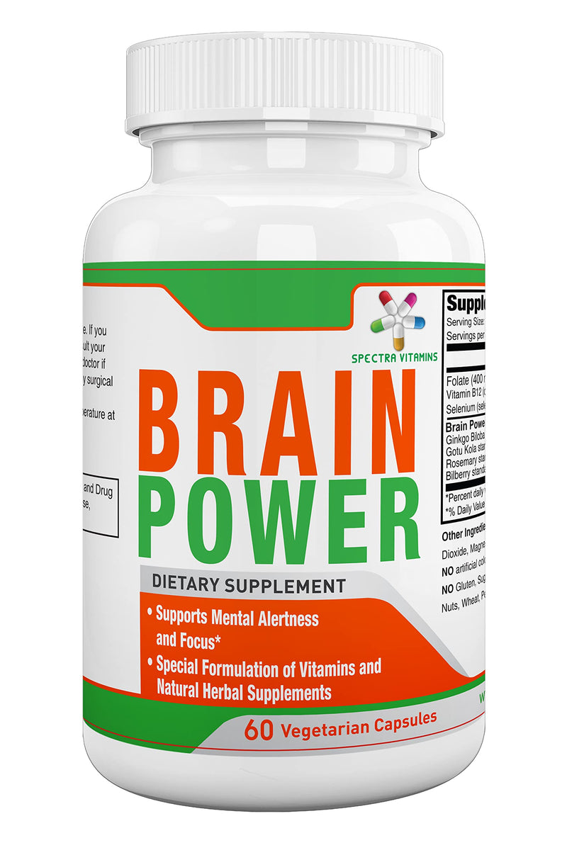 Brain Power, 60 Capsules, for Men & Women | Supports Focus, Nootropics, Improves Memory, Alertness, Ginkgo Biloba, Gotu Kola