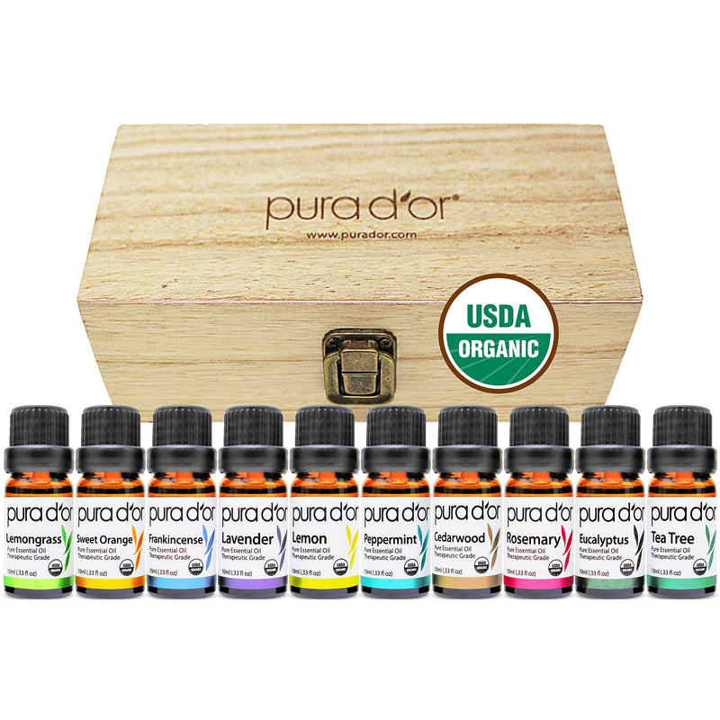 [Australia] - PURA D'OR ORGANIC Perfect10 Essential Oils Set - 10x 10m Wood Box Aromatherapy Gift Set - 100% Pure Therapeutic Grade for Relaxation and Wellness (Lavender, Peppermint, Eucalyptus, Tea Tree and More) 3.3 Fl Oz (Pack of 1) 