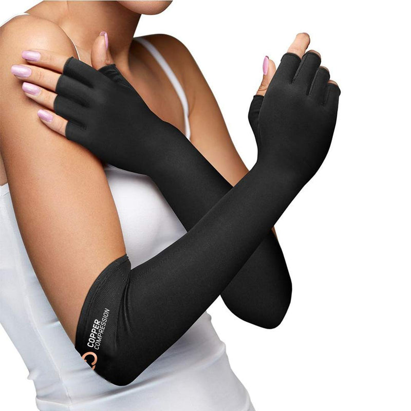 [Australia] - Copper Compression Long Arthritis Pain Relief Gloves - Copper Infused Orthopedic Fingerless Hand Brace for Women, Men - Carpal Tunnel, Computer Typing, RSI, Support Hands, Wrist, Arms - 1 Pair - L Large (Pack of 1) 