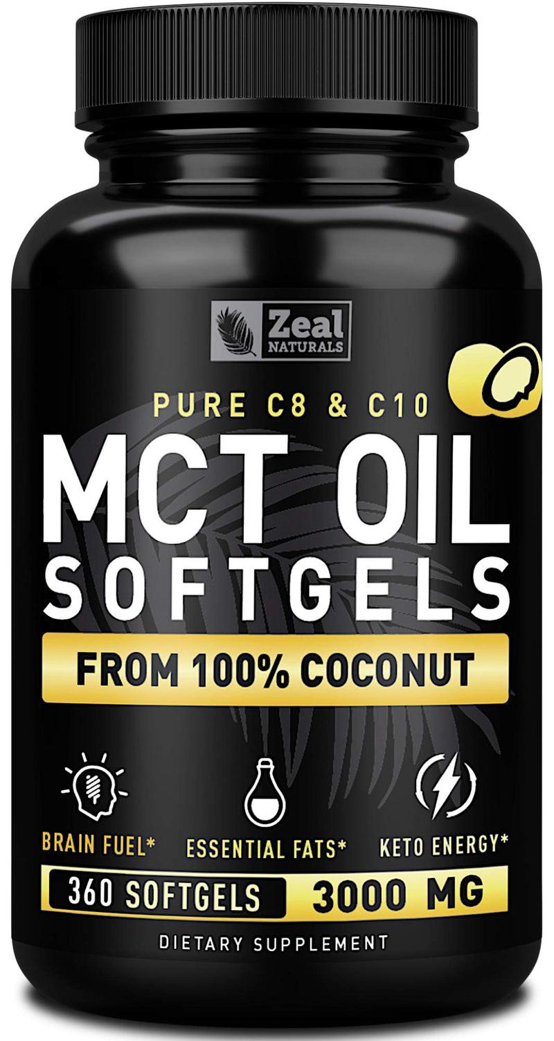 [Australia] - Pure MCT Oil Capsules (360 Softgels | 3000mg) 4 Month Supply Keto Pills w Unrefined Coconut - C10 & C8 Brain Fuel, Energy, Octane Ketosis 