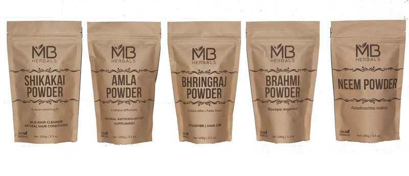 [Australia] - MB Herbals Hair Care Powders COMBO Pack | Shikakai | Neem | Brahmi | Amla | Bhringaraj | Powders | 100 Grams Each | For Hair Pack | External Use Only 
